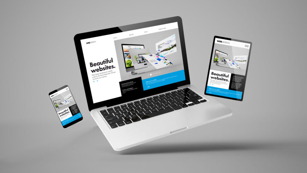 Flying laptop mobile-tablet 3d rendering showing builder website responsive web design