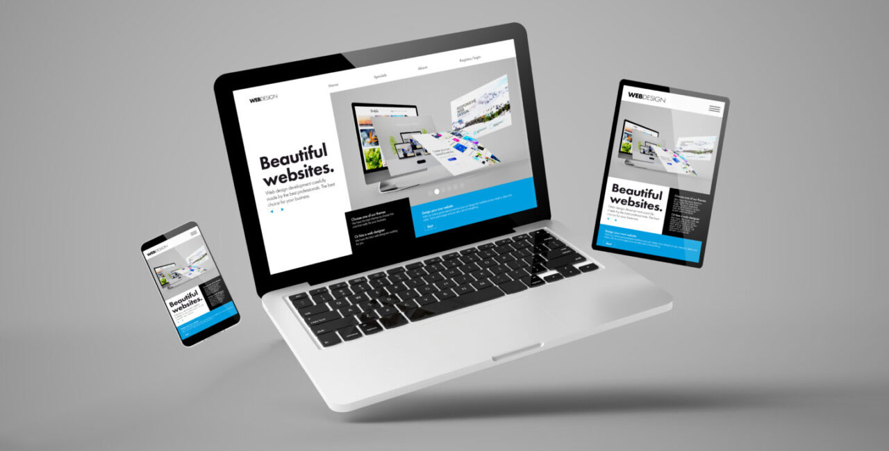 Flying laptop mobile-tablet 3d rendering showing builder website responsive web design