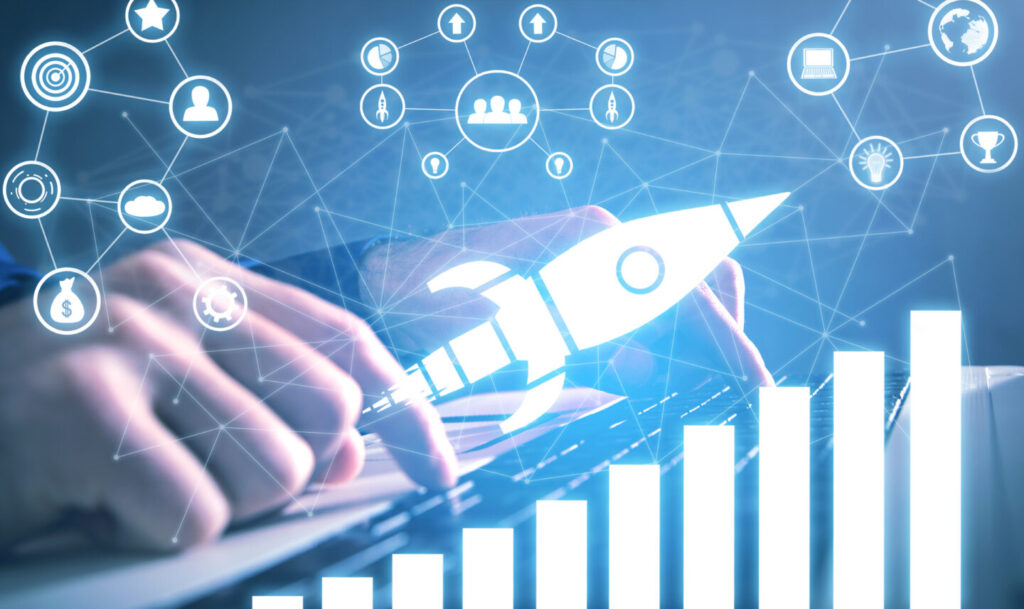 Man showing rocket and chart with a icons and network. Startup. Growth. Success