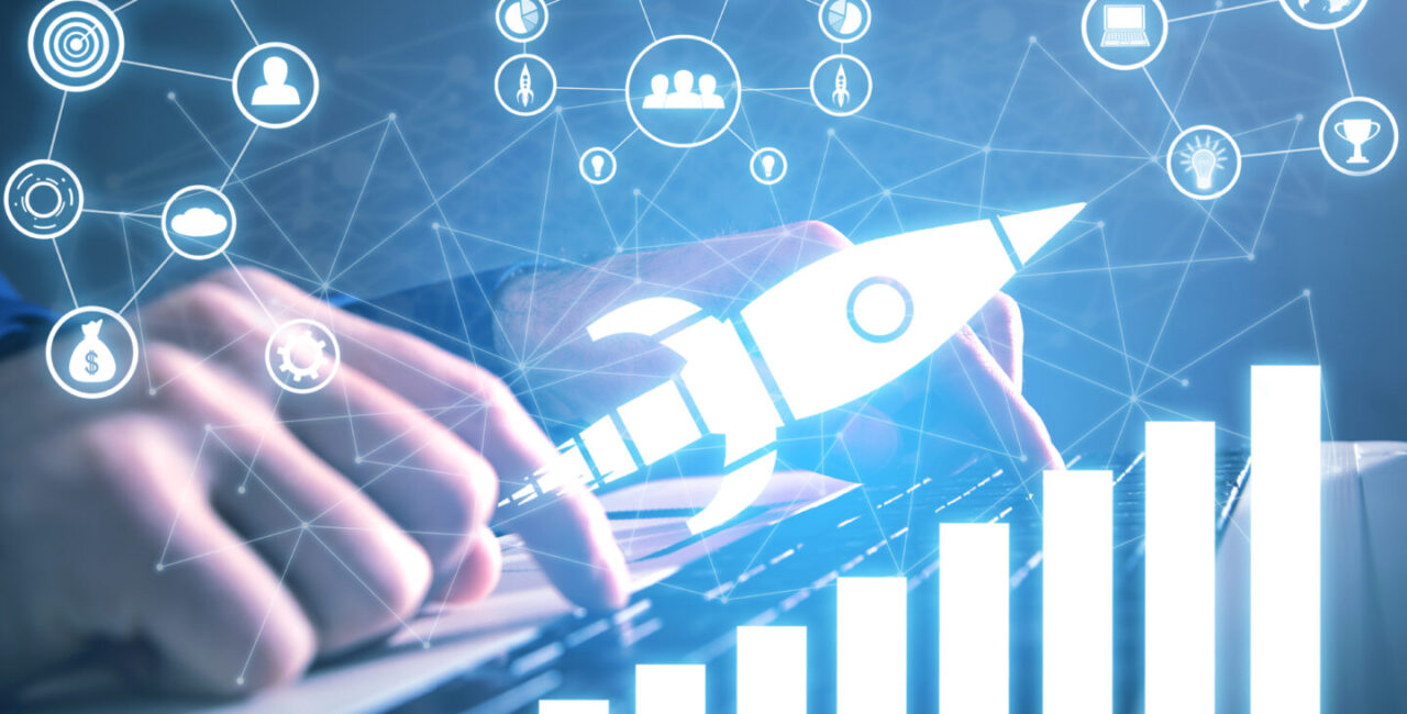 Man showing rocket and chart with a icons and network. Startup. Growth. Success