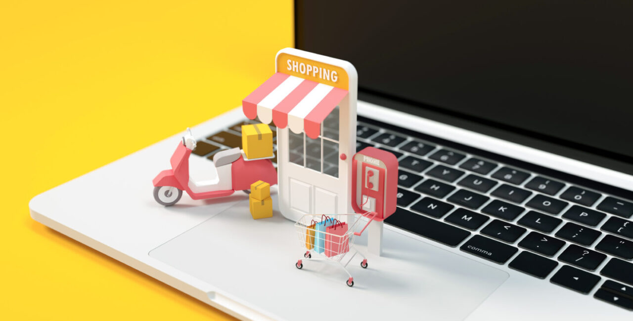 Online store concept, 3D render online shopping computer, scooter delivery and shop