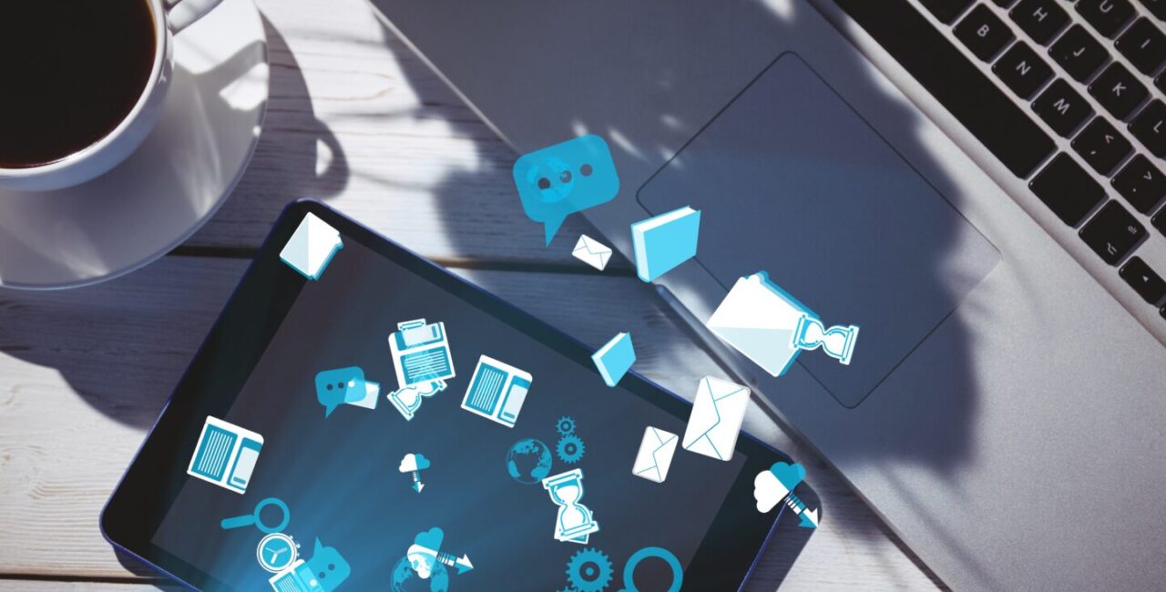 digital composite of smart devices with coffee on table with UI design elements