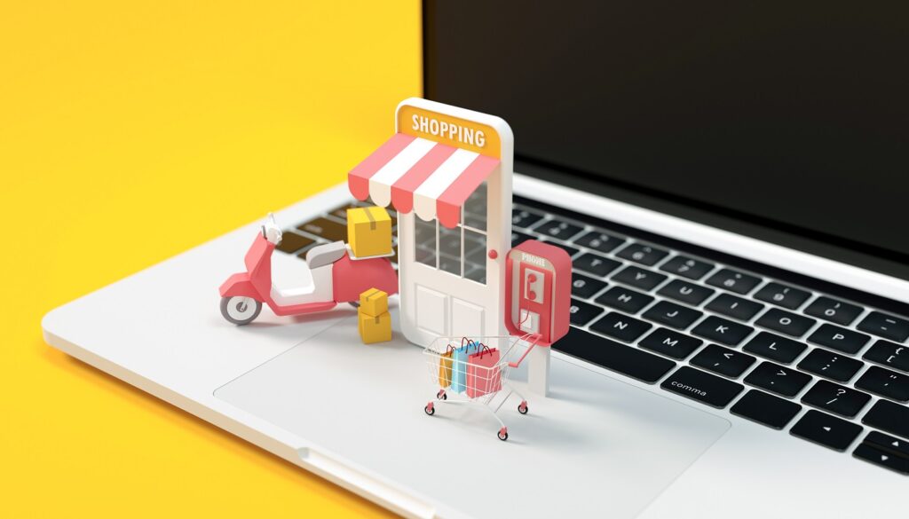 Online store concept, 3D render online shopping computer, scooter delivery and e-shop