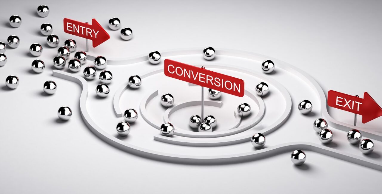 3D illustration of a conversion funnel with entry and exit, Business or Marketing concept of leads to sales ratio, horizontal image.
