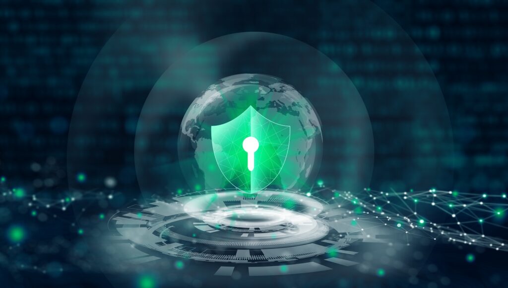 Data protection Cyber Security Privacy. Shield with Keyhole icon in global business internet technology with abstract blue background. Information Privacy Protection Concept.