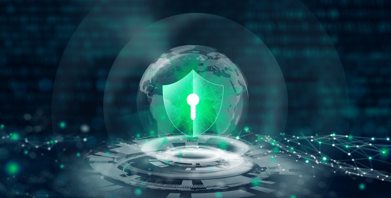 Data protection Cyber Security Privacy. Shield with Keyhole icon in global business internet technology with abstract blue background. Information Privacy Protection Concept.