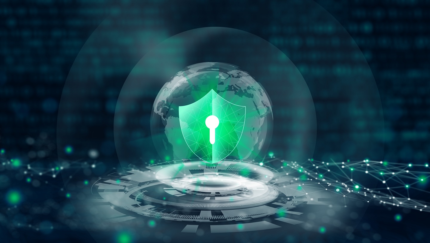 Data protection Cyber Security Privacy. Shield with Keyhole icon in global business internet technology with abstract blue background. Information Privacy Protection Concept.