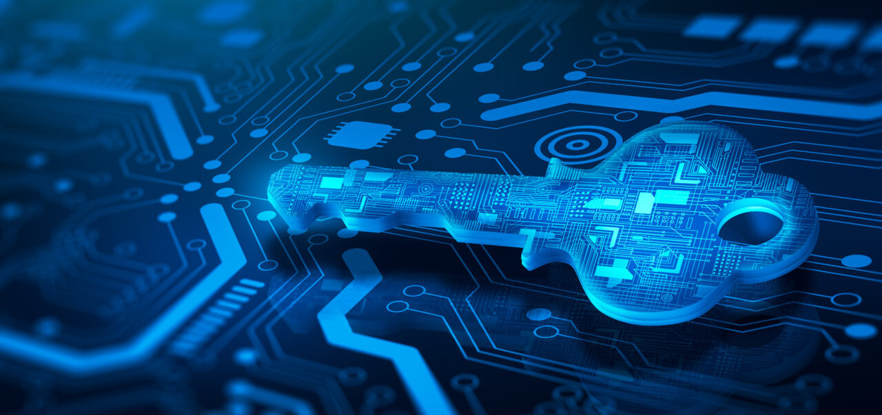 Digital key in technology background. WordPress site security solution.