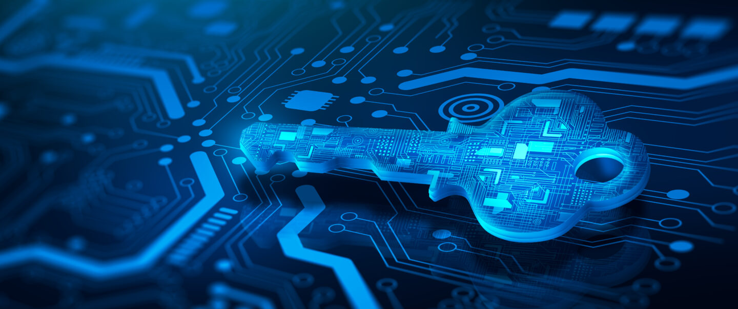 Digital key in technology background. WordPress site security solution.