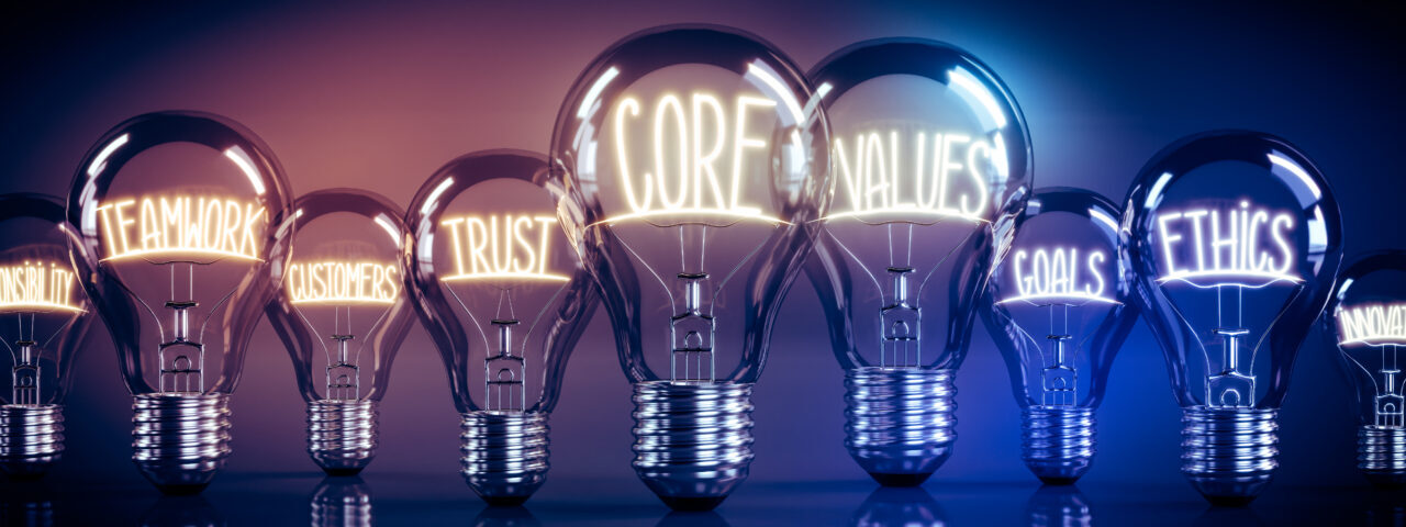 Core values concept - shining light bulbs - 3D illustration