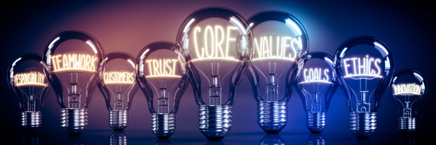 Core values concept - shining light bulbs - 3D illustration