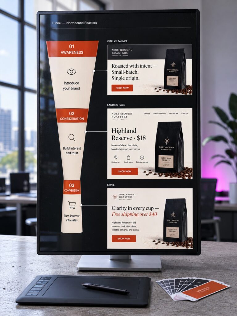 Макеты display-баннеров на экранах ноутбука и планшета для брендированной рекламной кампании.