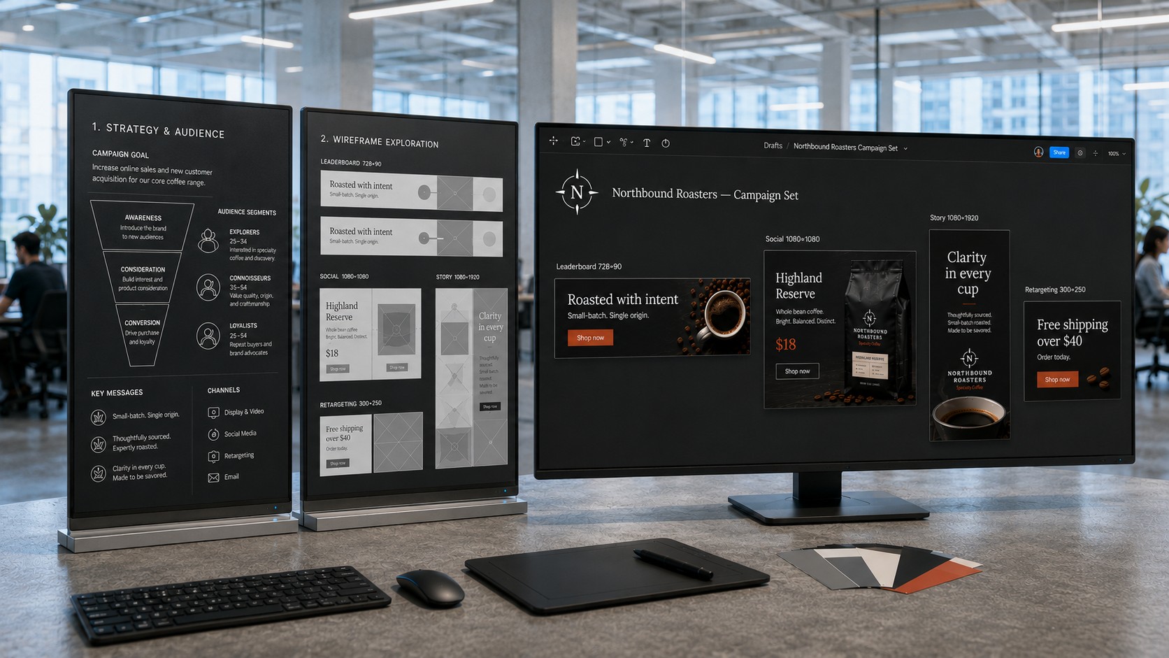 Multi-format banner ad design workspace with campaign creatives shown across desktop and planning screens.