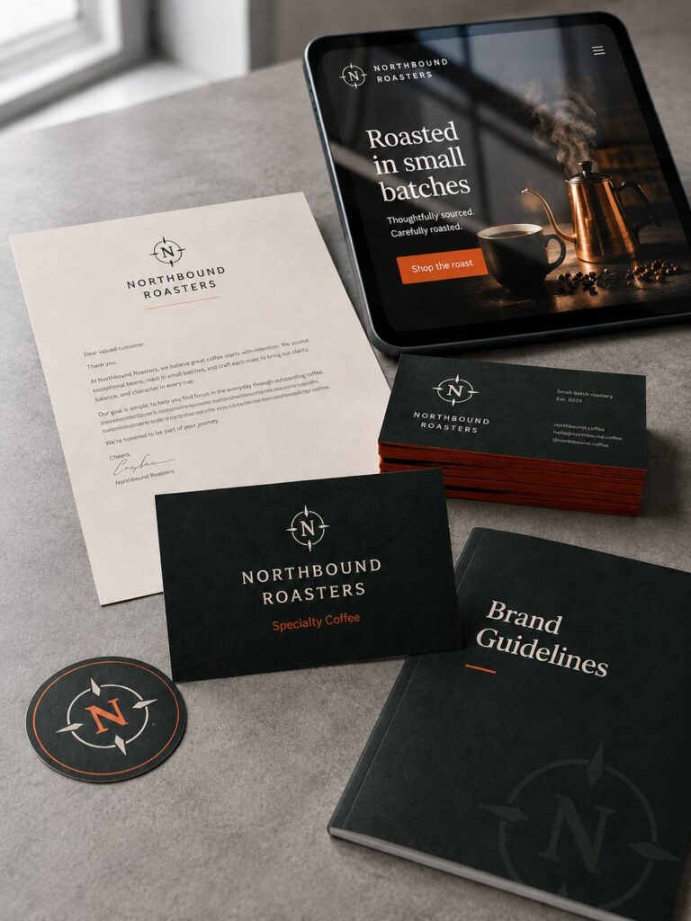 Brand identity workspace with printed guidelines, business cards, labels and a tablet brand preview.