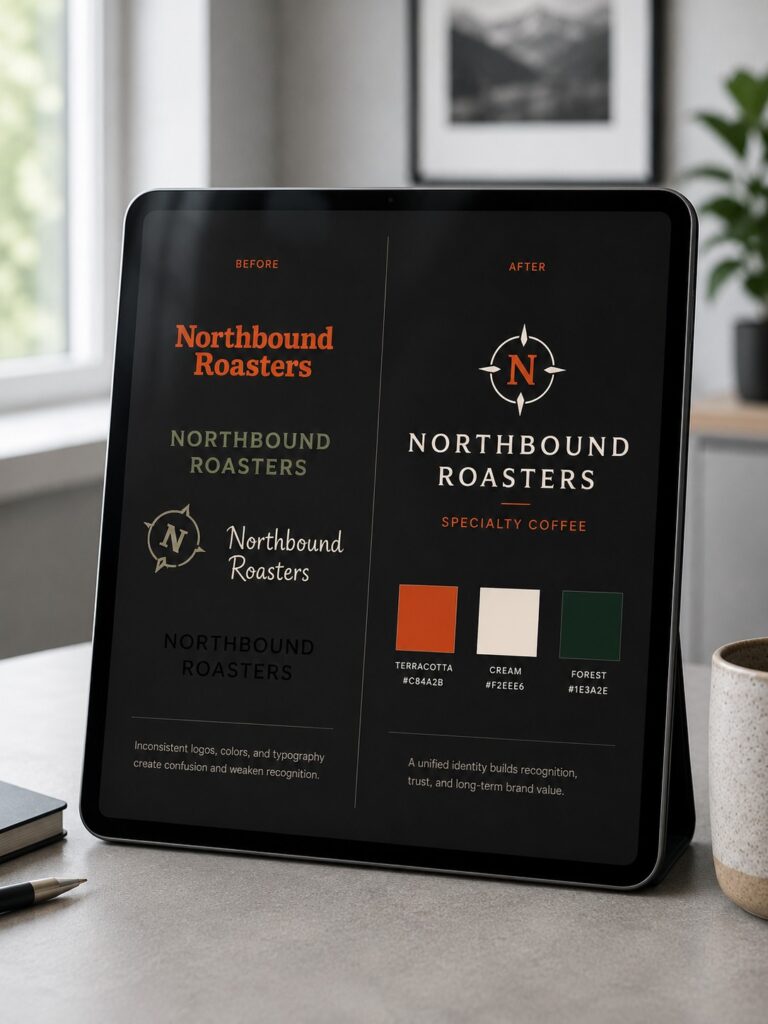 Brand-Identity-Präsentation auf einem Tablet mit Logo-Anwendung, Farbpalette und Beispielen für Produktetiketten.