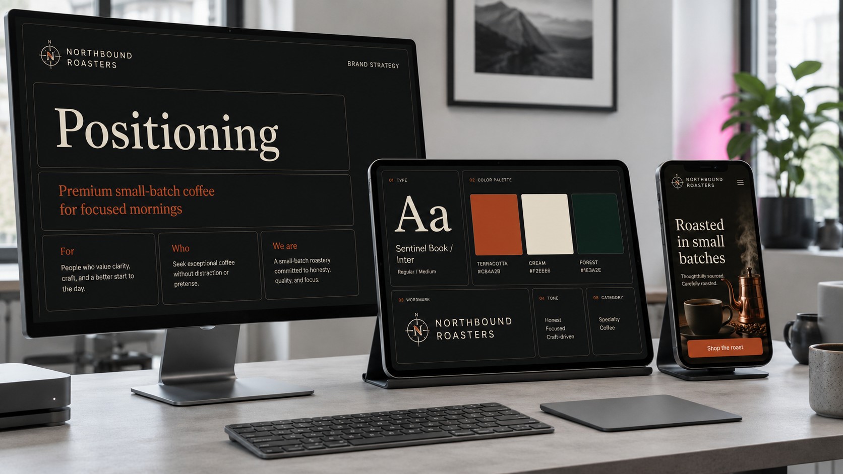 Brand positioning workspace with desktop, tablet and mobile screens showing a cohesive identity system.