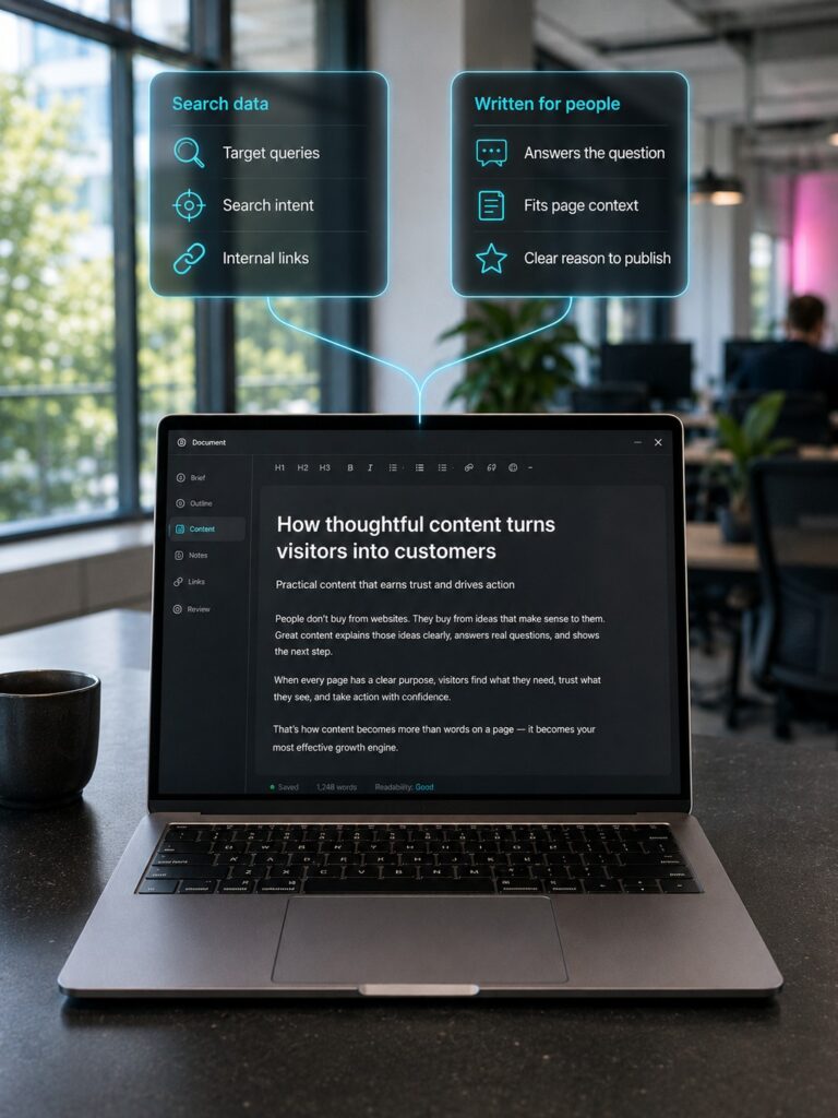 Laptop showing a content marketing page with holographic panels for SEO traffic, lead generation and customer education.