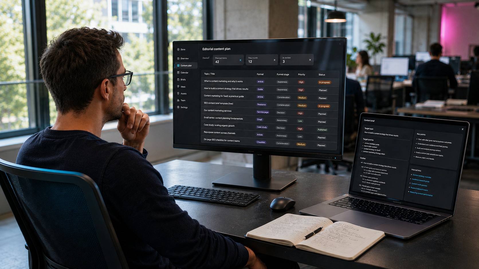 Spezialist prüft ein Content-Marketing-Performance-Dashboard mit Traffic-, Engagement- und Conversion-Metriken.
