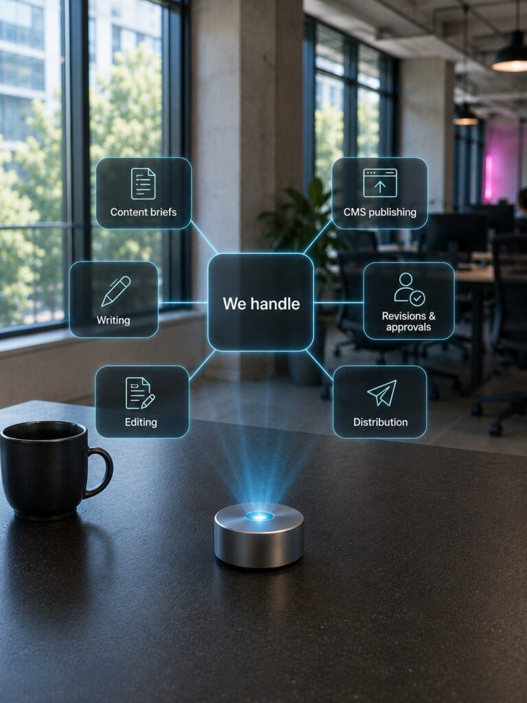 Holographic content marketing task map showing strategy, writing, editing, CMS publishing, review and distribution.
