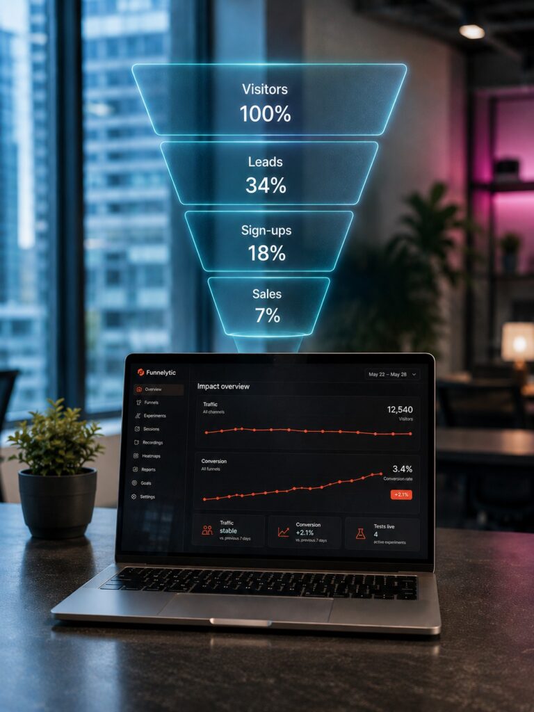 Дашборд на ноутбуке с показателями conversion funnel: visits, leads, sign-ups и sales.