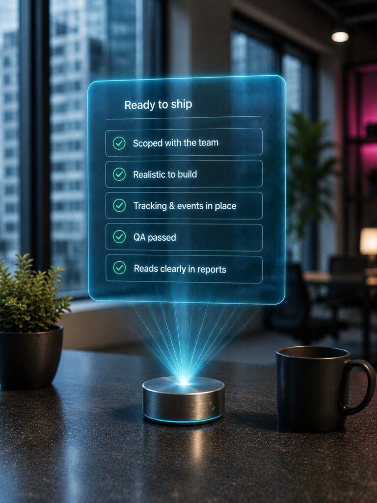 Holografische CRO-Test-Readiness-Checkliste mit Scope, Build, Tracking, QA und Launch-Freigabe.