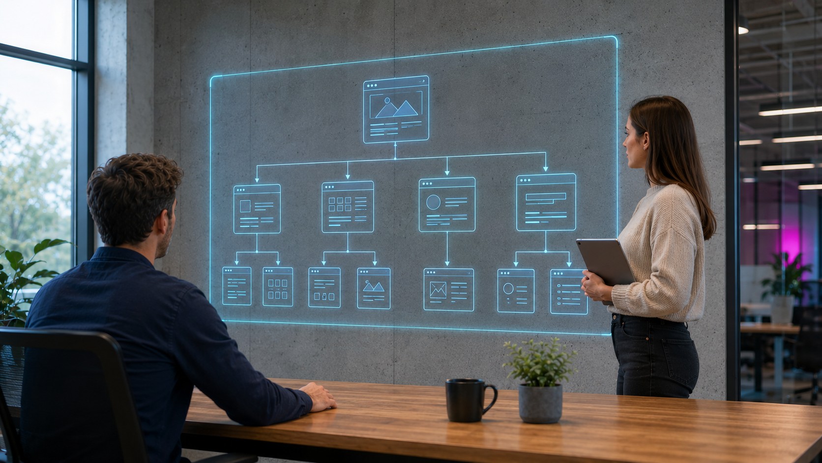 Corporate website information architecture diagram presented during a team planning meeting.