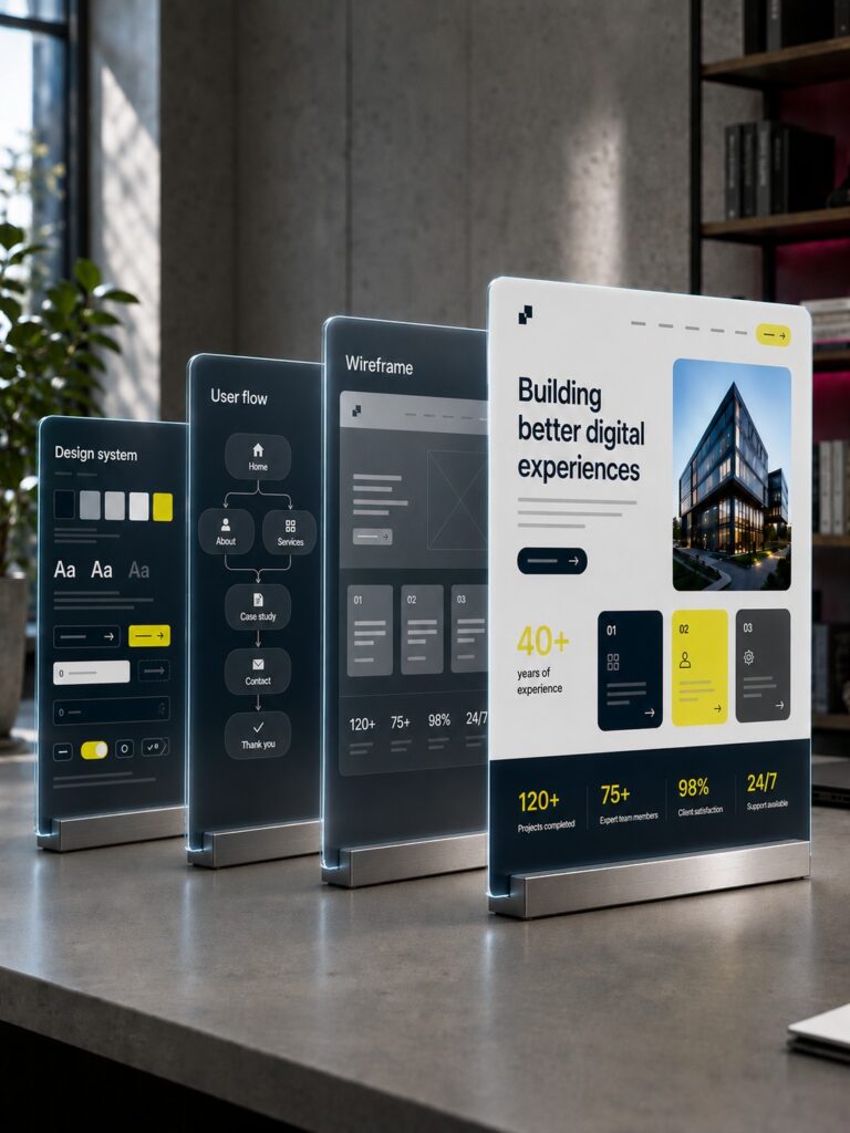 Corporate website strategy panels showing a business website interface, scope notes and audience modules.