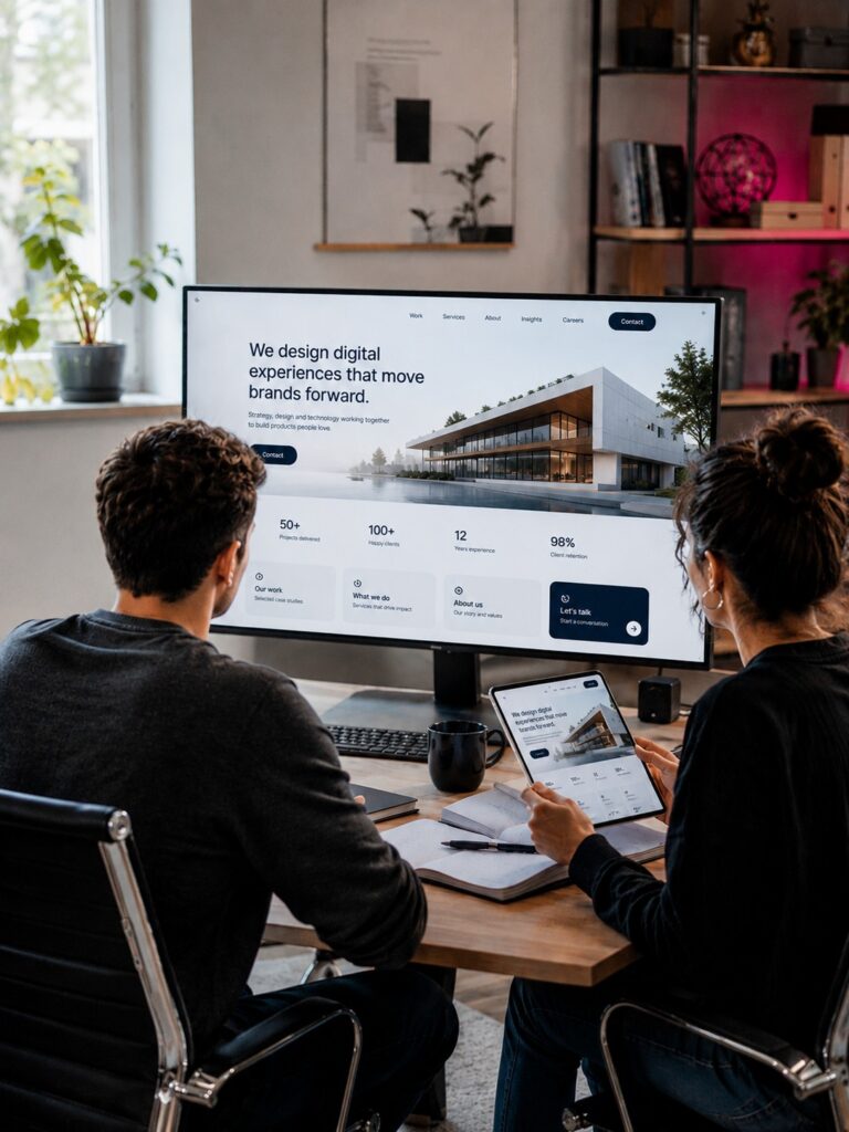 Team prüft ein Corporate-Website-Interface auf einem großen Monitor in einem hellen Büroarbeitsbereich.