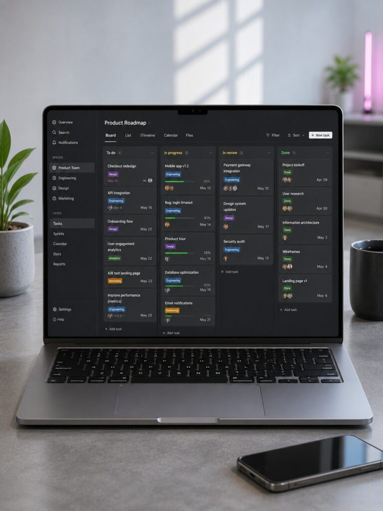 Дашборд работы выделенной команды со статусами задач, прогрессом спринта и активностью команды на экране ноутбука.