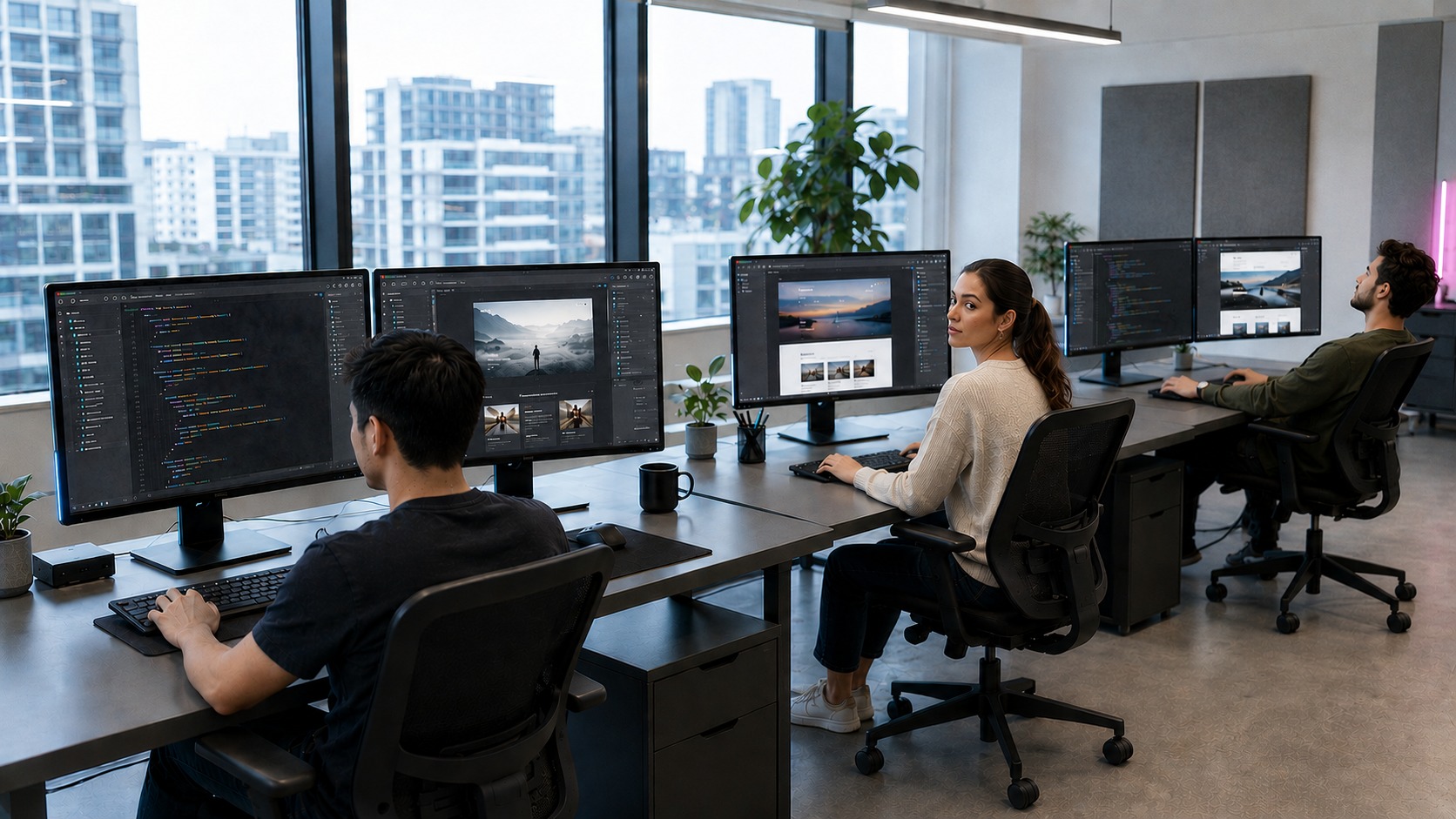 Dedicated development team working at multiple monitors in a bright office with project dashboards and code.