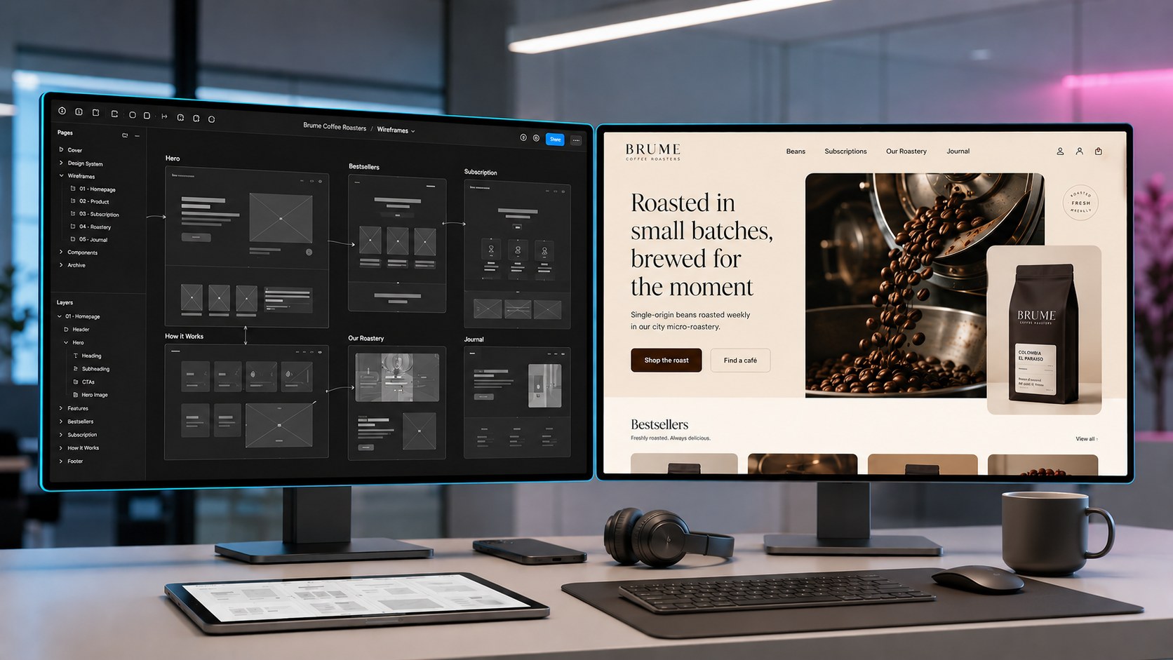 Рабочее пространство digital design с UI-макетами, панелями дизайн-системы и готовым предпросмотром сайта на двух мониторах.