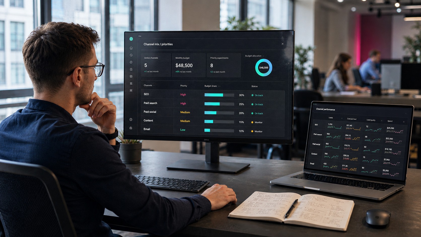 Spezialist prüft ein Digital-Marketing-Kampagnendashboard mit Channel-Performance und Budgetdaten.