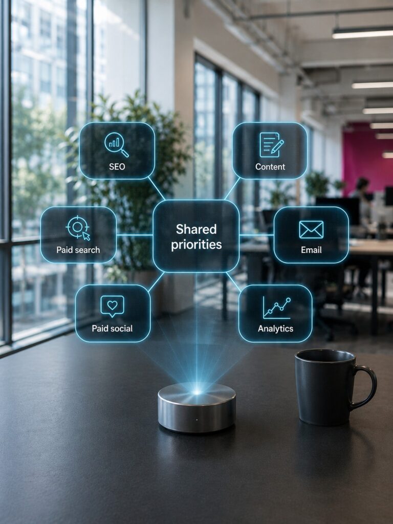 Holographic digital marketing priority map connecting SEO, content, email, paid media and analytics.