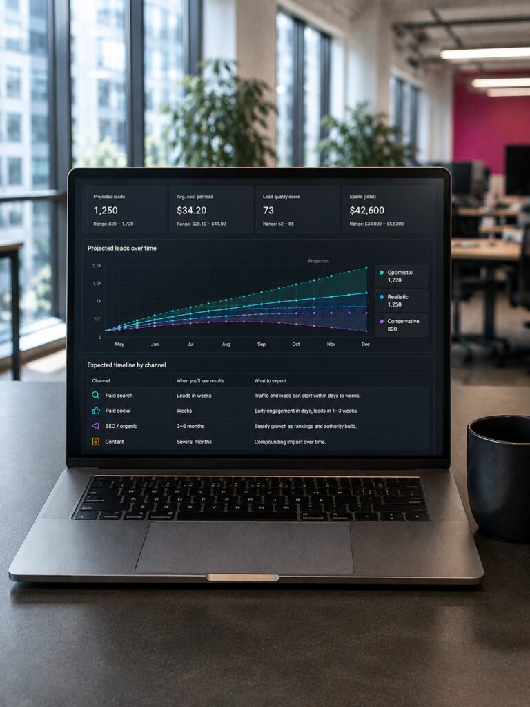 Дашборд эффективности digital marketing с revenue, leads, conversion rate и метриками каналов на ноутбуке.