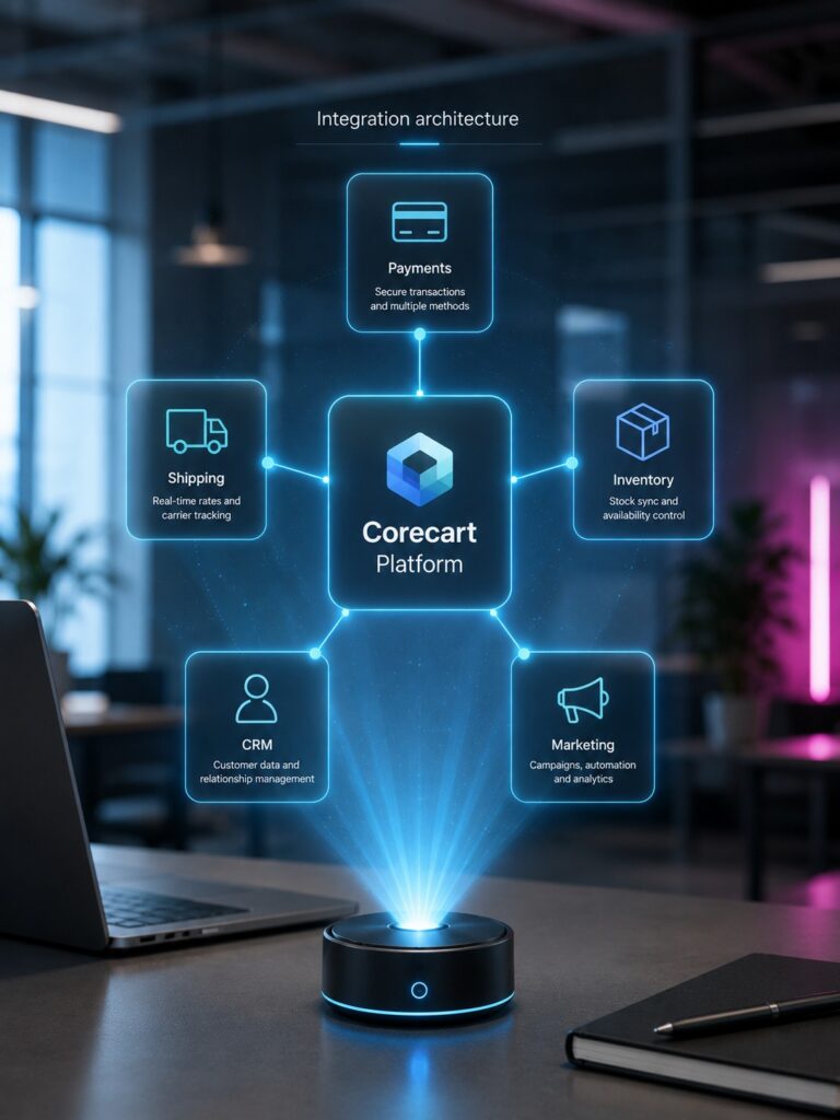 Holographic ecommerce platform diagram showing payments, shipping, inventory and marketing integrations.