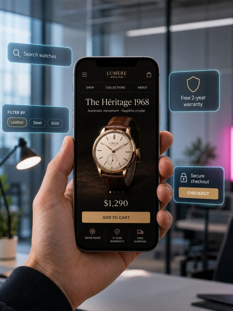 Holographic ecommerce platform diagram showing payments, shipping, inventory and marketing integrations.