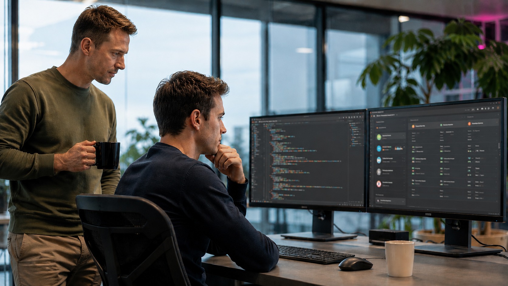 Рабочее место back-end разработки с редактором кода, серверным дашбордом и двумя специалистами, проверяющими реализацию.