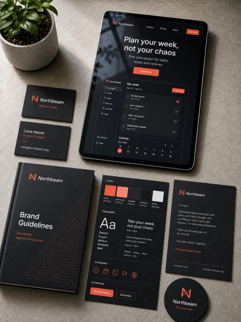 Designer workspace with brand guidelines, typography samples, business cards and mobile brand preview.