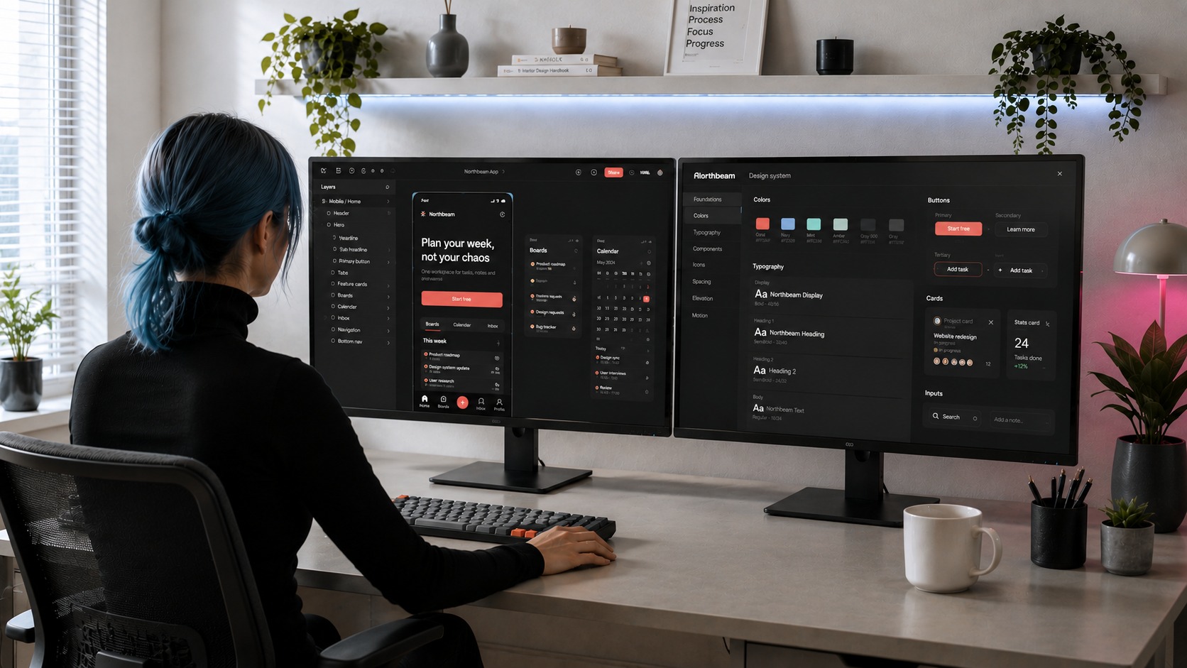Designer reviewing interface screens, brand elements and layout updates across multiple monitors.
