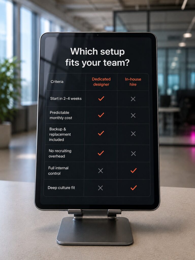 Design engagement model comparison on a standing screen showing dedicated, part-time and flexible setup options.