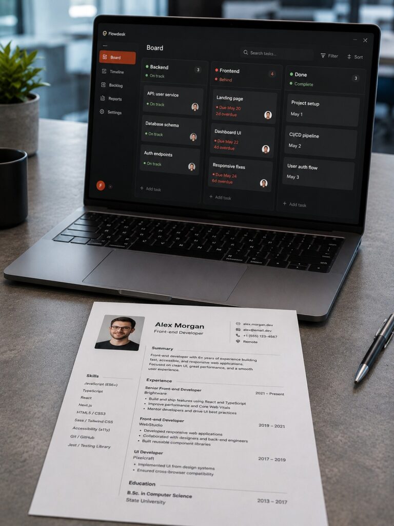 Front-end developer candidate profile reviewed beside a laptop dashboard with skills and project fit notes.