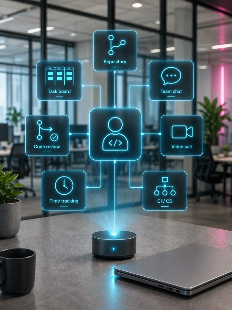 Holografische Front-End-Kompetenzkarte mit responsiver UI, Barrierefreiheit, Testing und Design-System-Skills.