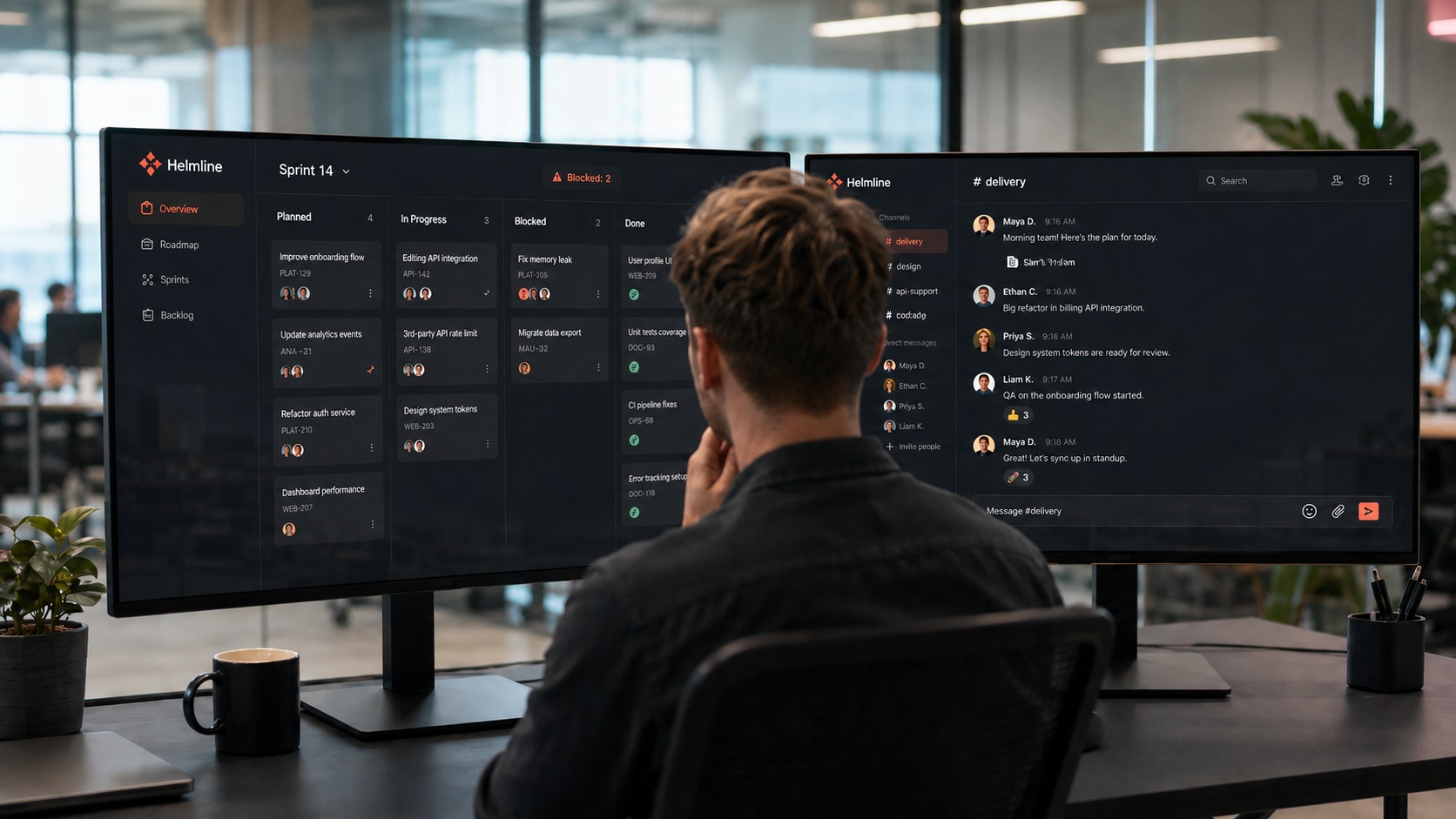 Рабочее пространство project manager с большой доской задач, sprint-колонками и статусами delivery команды на мониторах.