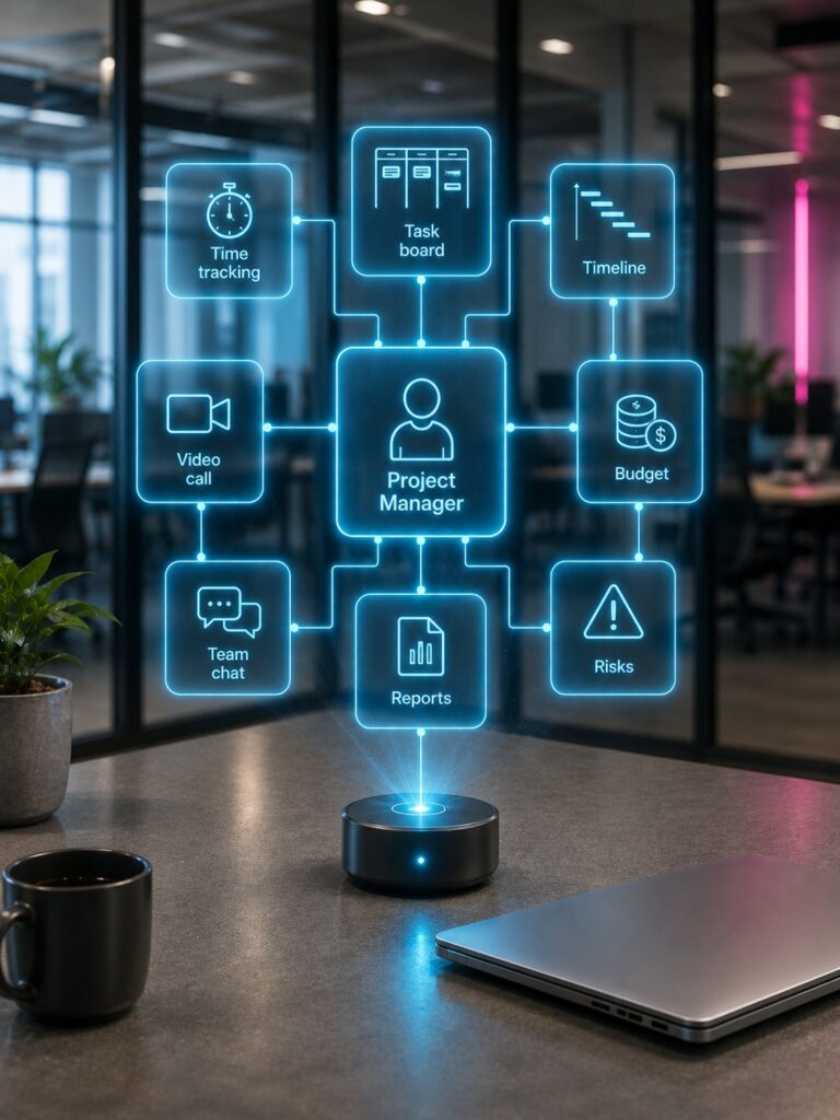 Голографическая карта ответственности project manager с коммуникацией, scope, бюджетом, рисками и отчетностью.