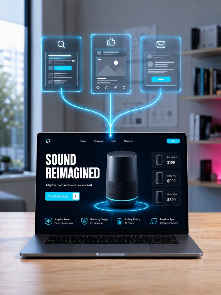 Landing page campaign workflow with holographic content and tracking panels above a product page.