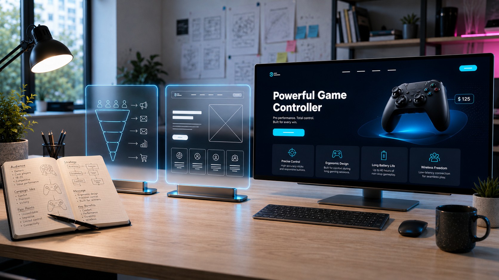 Landingpage-Designarbeitsplatz mit Produktseite, Wireframe-Panels und conversion-orientierter Layoutplanung.