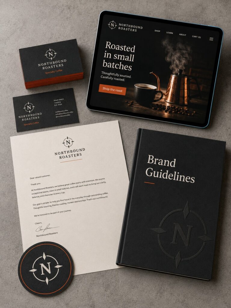 Logo-Design-Präsentation mit gedruckten Brand Guidelines, Geschäftsausstattung und finalen Logo-Assets auf einem Schreibtisch.