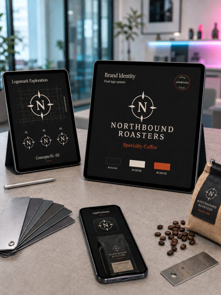 Logo-Konzeptpräsentation auf Laptop-, Tablet- und Smartphone-Screens mit ergänzenden Brand Assets auf einem Schreibtisch.