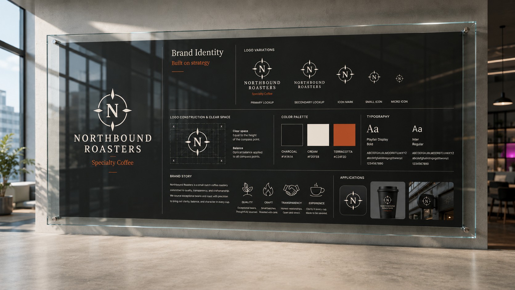 Final logo system board showing logo variations, color palette, typography and brand application rules.