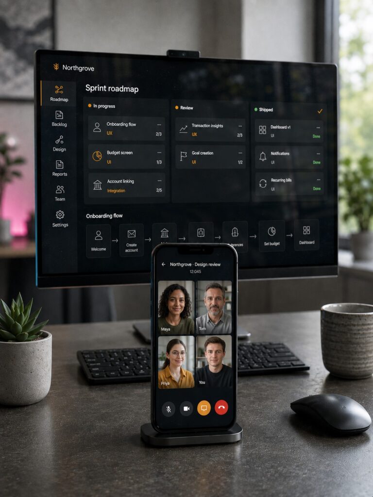 Mobile communication app interface shown on a phone beside a desktop dashboard in a design workspace.